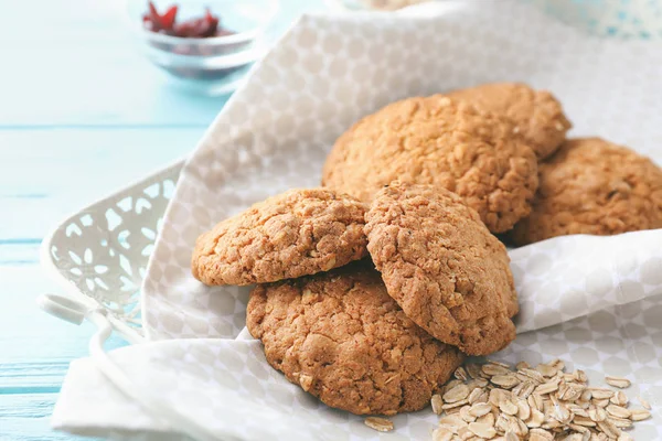 Tray Delicious Oatmeal Cookies Wooden Background Closeup — Stock Photo, Image