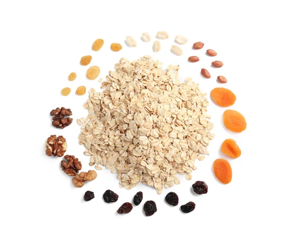 Composition Oatmeal Flakes White Background — Stock Photo, Image