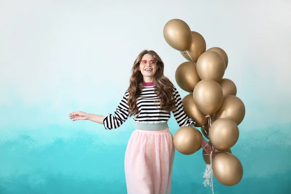 Beautiful Young Woman Balloons Color Background — Stock Photo, Image