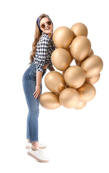 Beautiful Young Woman Balloons White Background — Stock Photo, Image