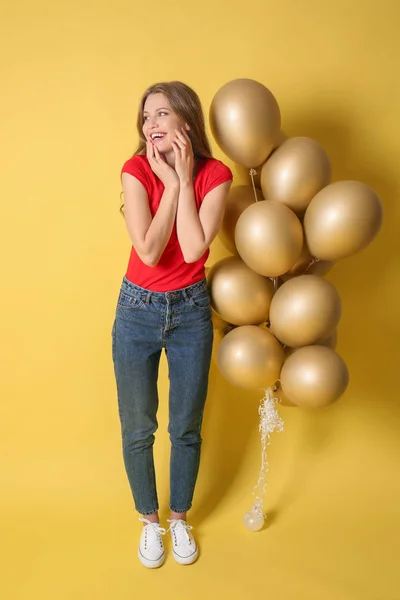 Beautiful Young Woman Balloons Color Background — Stock Photo, Image