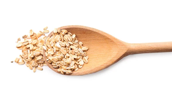 Cuchara Con Avena Cruda Sobre Fondo Blanco — Foto de Stock