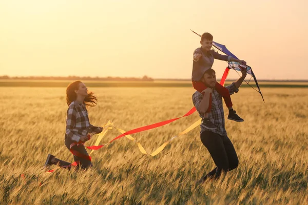 Família Feliz Voando Pipa Campo Pôr Sol — Fotografia de Stock