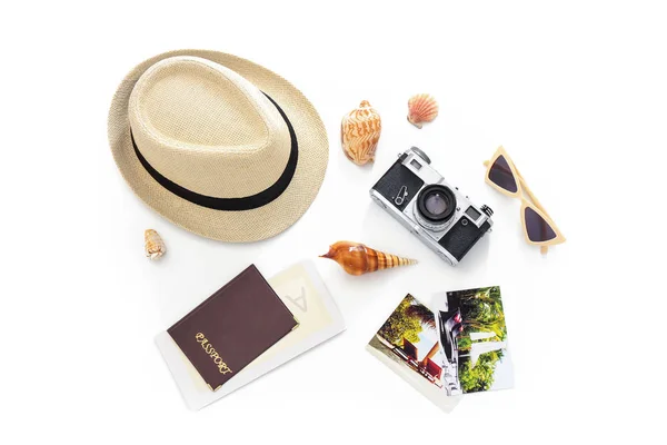 Composition with travel items on white background