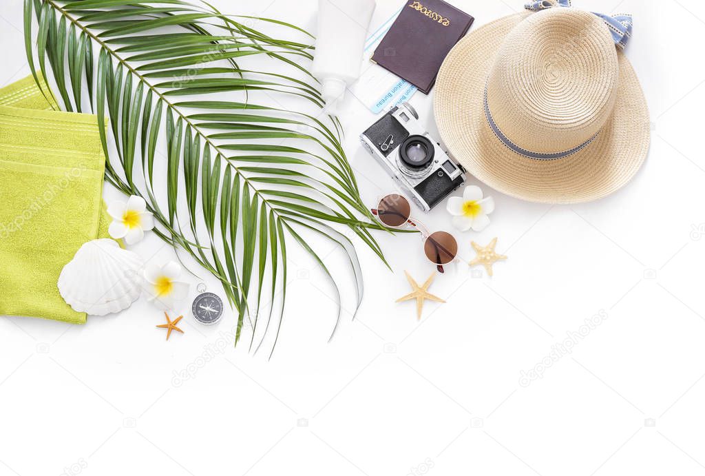 Composition with travel items on white background