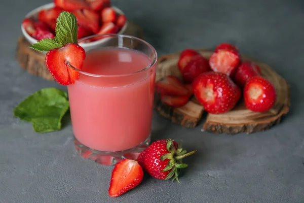 Glass Tasty Strawberry Starch Drink Grey Table — Stock Photo, Image