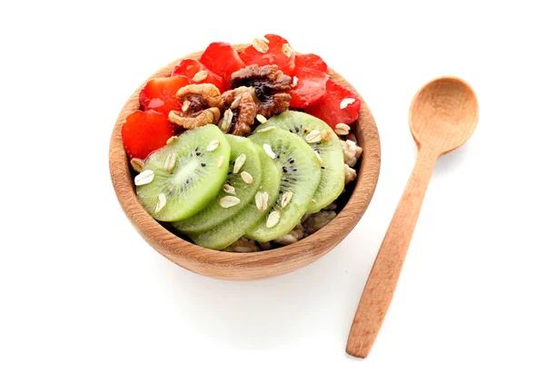 Bowl Tasty Oatmeal Sliced Fruits Nuts White Background — Stock Photo, Image