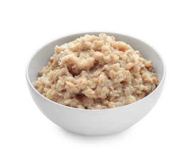 Beyaz zemin üzerine hazırlanan yulaf ezmesi ile kase