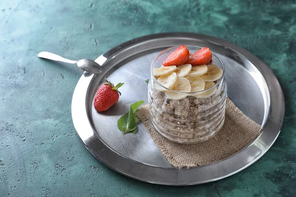 Glass Jar Tasty Oatmeal Sliced Banana Strawberry Metal Tray — Stock Photo, Image