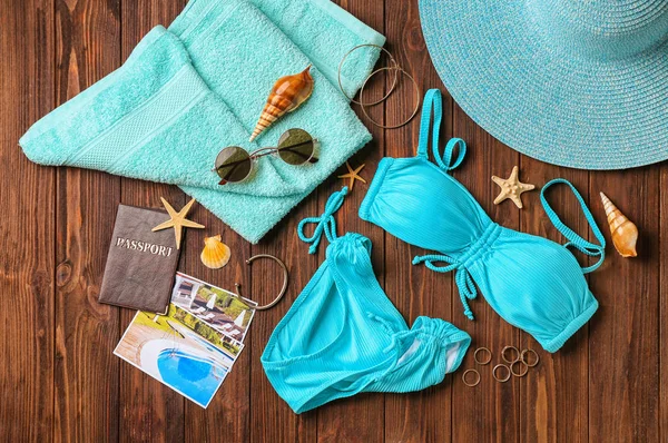 Composition Passport Bikini Beach Accessories Wooden Background — Stock Photo, Image