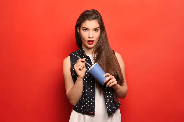 Beautiful Young Woman Holding Cup Drink Color Background — Stock Photo, Image