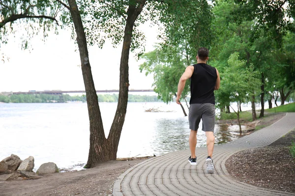 Sporty Young Man Running Park — Stock Photo, Image