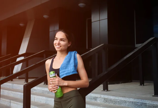 Sporty Young Woman Bottle Water Outdoors — Stock Photo, Image