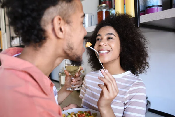 Young African American Couple Tasting Food Kitchen — Stock Photo, Image