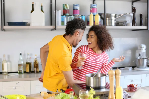 Young African American Couple Having Fun While Cooking Kitchen — Stock Photo, Image