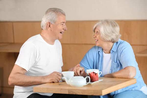 Happy Senior Couple Sitting Together Cafe — Stock Photo, Image