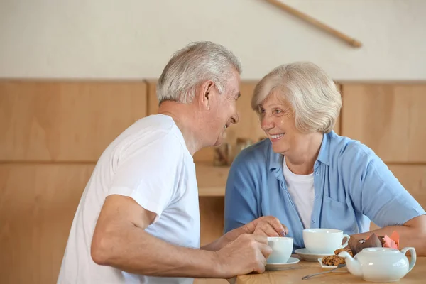 Happy Senior Couple Sitting Together Cafe — Stock Photo, Image