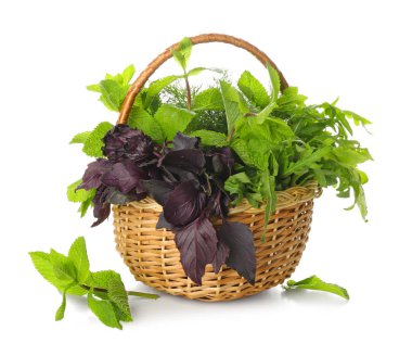 Beyaz arka planda taze bitkilerle dolu bir sepet.