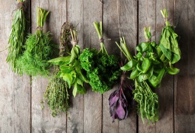 Dize ahşap arka plan asılı farklı taze otlar