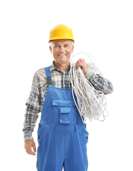 Mature Male Electrician White Background — Stock Photo, Image