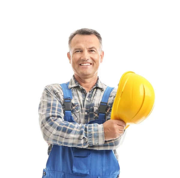 Mogen Manlig Elektriker Med Hardhat Vit Bakgrund — Stockfoto