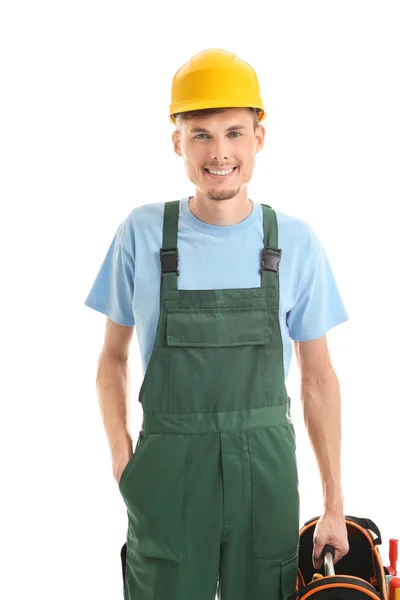 年轻男性电工与工具袋子在白色背景 — 图库照片