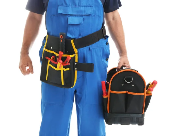 Mature Male Electrician Tools Bag White Background — Stock Photo, Image