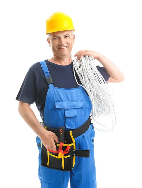 Mature Male Electrician White Background — Stock Photo, Image