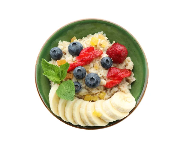 Tasty Oatmeal Fresh Berries Sliced Banana White Background — Stock Photo, Image