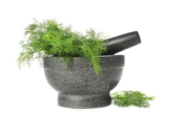 Mörser Mit Frischem Dill Und Stößel Auf Weißem Hintergrund — Stockfoto