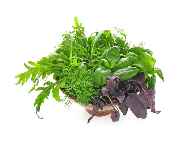 Bowl Fresh Herbs White Background — Stock Photo, Image