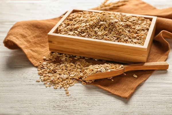 Container Raw Oatmeal Wooden Table — Stock Photo, Image