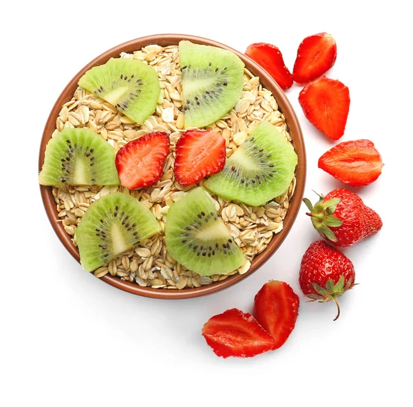 Bowl Raw Oatmeal Kiwi Strawberry White Background — Stock Photo, Image