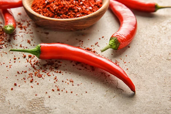 Fresh Dry Granulated Chili Pepper Table — Stock Photo, Image