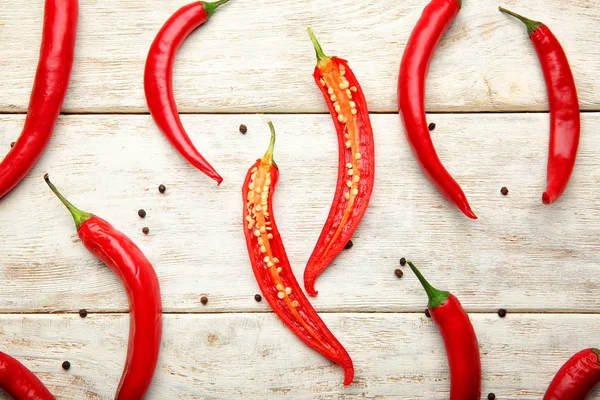 Fresh Chili Peppers Wooden Background — Stock Photo, Image