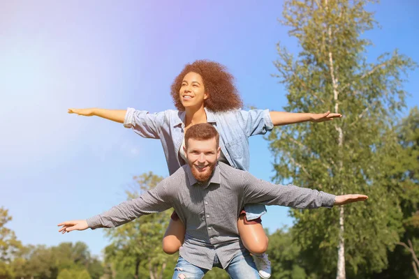 Young Loving Interracial Couple Having Fun Outdoors Spring Day — Stock Photo, Image