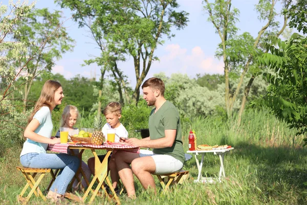 Família Feliz Almoçando Mesa Piquenique Verão — Fotografia de Stock