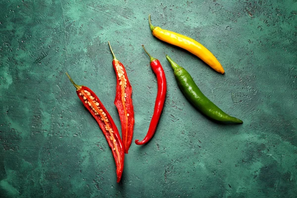 Fresh Chili Peppers Green Background — Stock Photo, Image