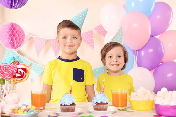 Cute Little Boys Celebrating Birthday Home — Stock Photo, Image