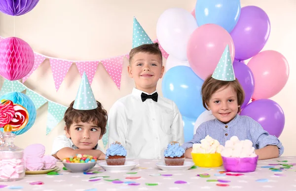 Cute Little Boys Celebrating Birthday Home — Stock Photo, Image