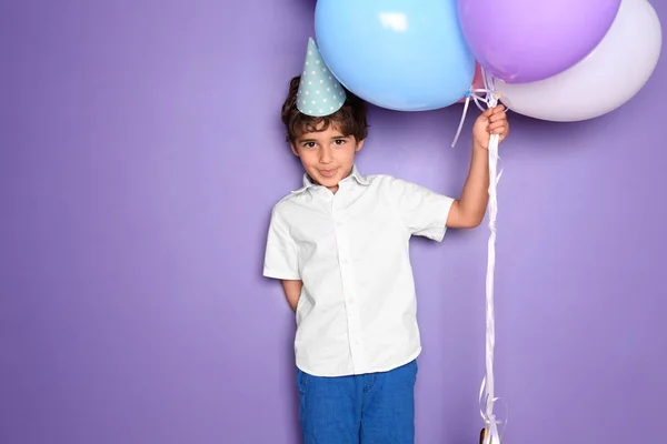 Cute Little Boy Balloons Color Background Birthday Celebration — Stock Photo, Image