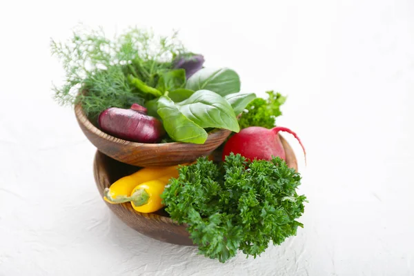 Composition Different Fresh Herbs Vegetables Light Background — Stock Photo, Image