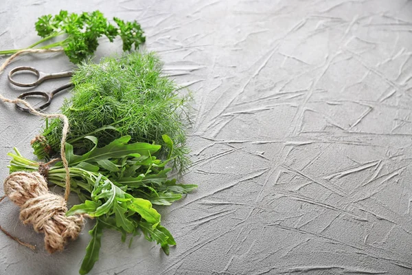 Different Fresh Herbs Scissors Thread Grey Background — Stock Photo, Image