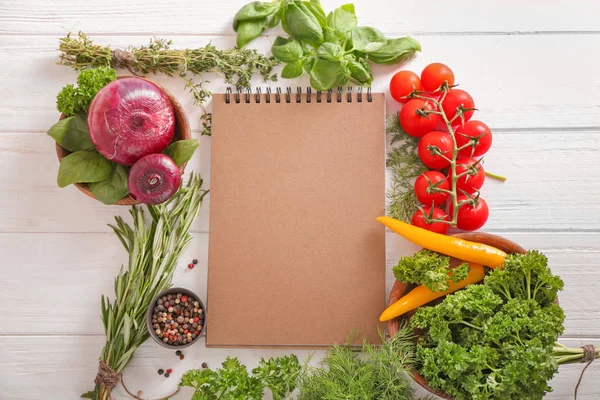 Composition Notebook Different Fresh Herbs Spices Vegetables Wooden Background — Stock Photo, Image