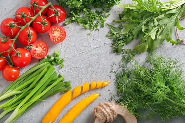 Frame Made Different Fresh Herbs Vegetables Grey Background — Stock Photo, Image