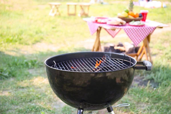 Moderní Barbecue Gril Plamenem Venku — Stock fotografie