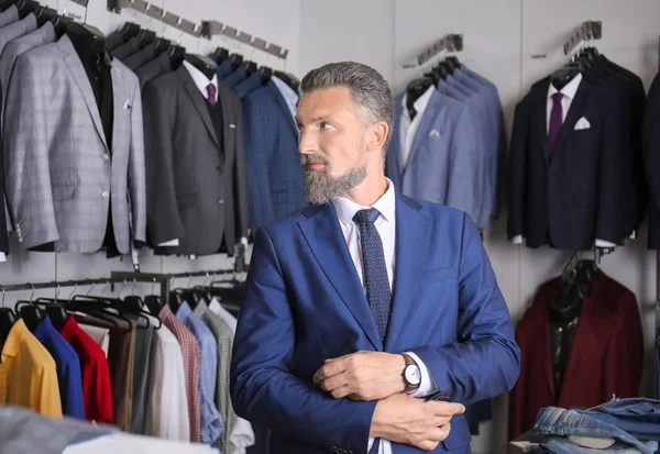 Handsome Mature Man Stylish Suit Menswear Store — Stock Photo, Image