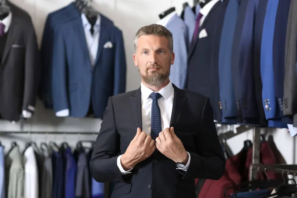 Handsome Mature Man Stylish Suit Menswear Store — Stock Photo, Image