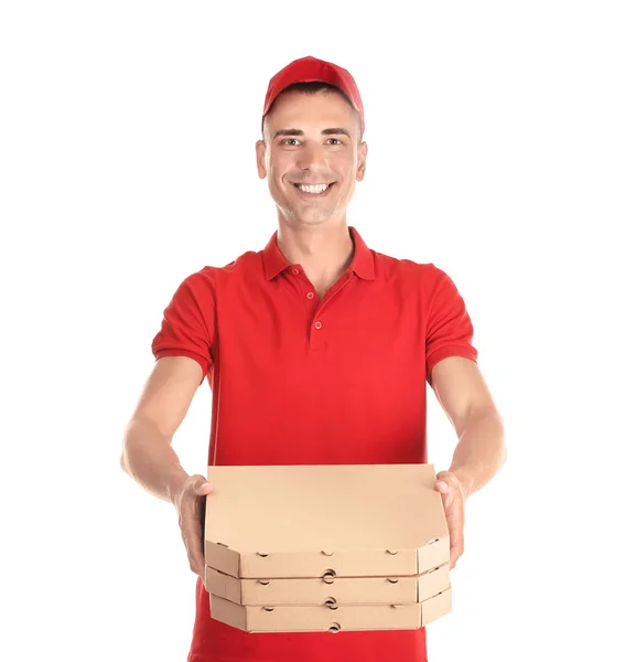 Young Man Pizza Boxes White Background Food Delivery Service — Stock Photo, Image