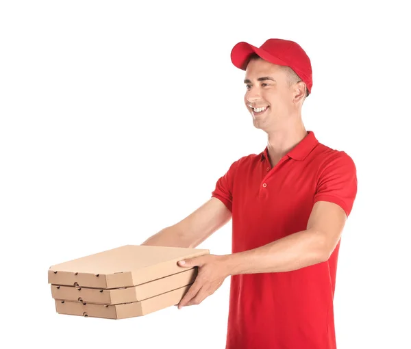 Young Man Pizza Boxes White Background Food Delivery Service — Stock Photo, Image